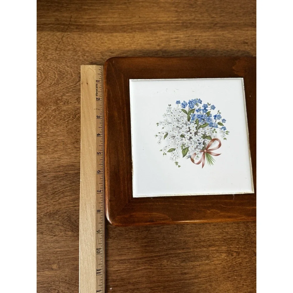 Vintage Ceramic Tile And Wood Trivet Wood N Toys R K Lennus Flowers Cottage Core